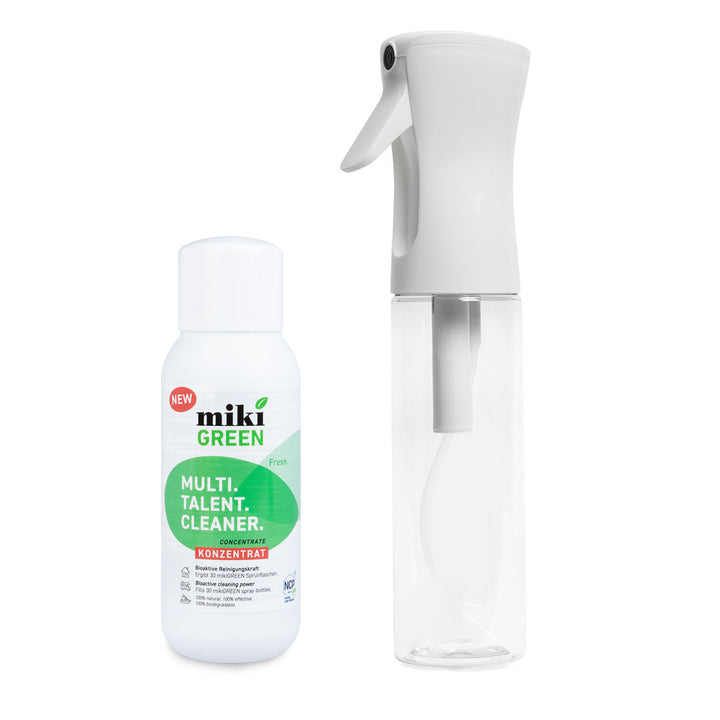mikiGREEN Sprühflasche aus PET in weiss und Allzweckreiniger aus Mikroorganismus in weißer Flasche